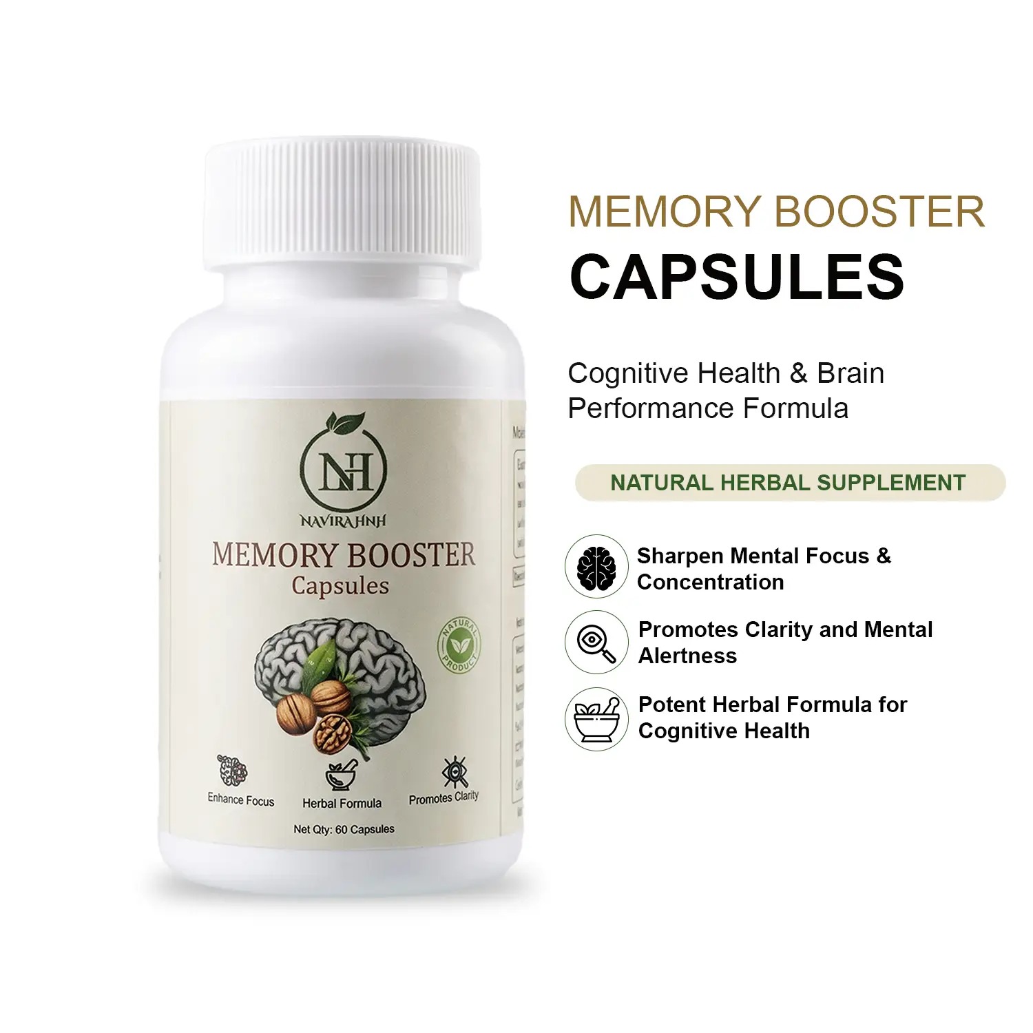 Memory Booster Capsules | Herbal Supplement for Focus & Mental Clarity Support | Daily Capsules